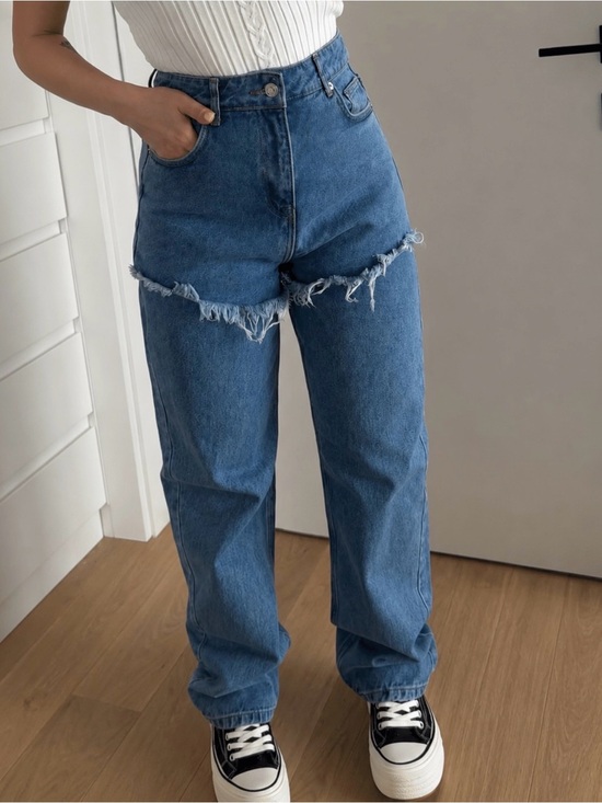 The Unbranded Brand Denim - Y2K High Rise Wide Leg Jeans with Distressed Skirt Overlay XS/S